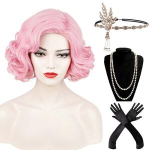 6116 Pink 1920s Flapper Wig With Accessoriess Finger Wave